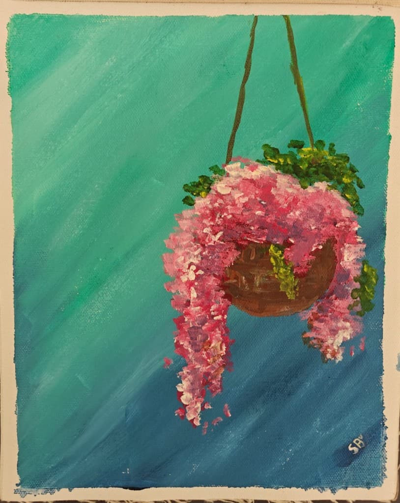 Hanging basket overflowing with pink flowers against a turquoise background