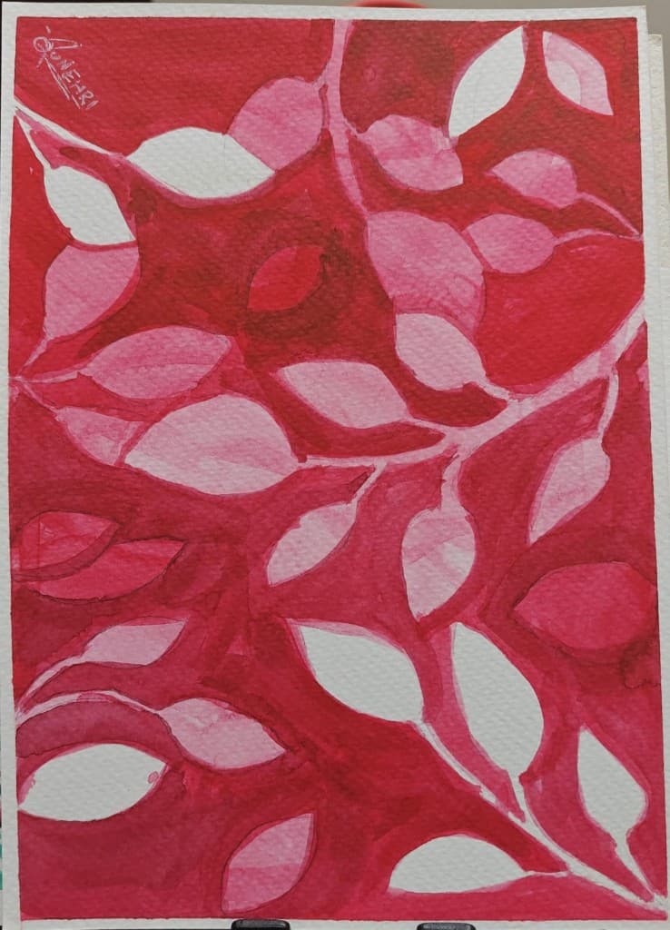 Abstract crimson and pink watercolour leaf pattern