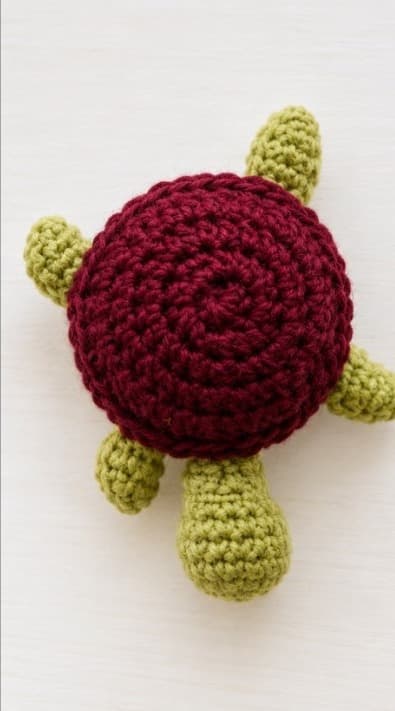 Handmade burgundy crochet turtle with olive-green flippers on a pale surface