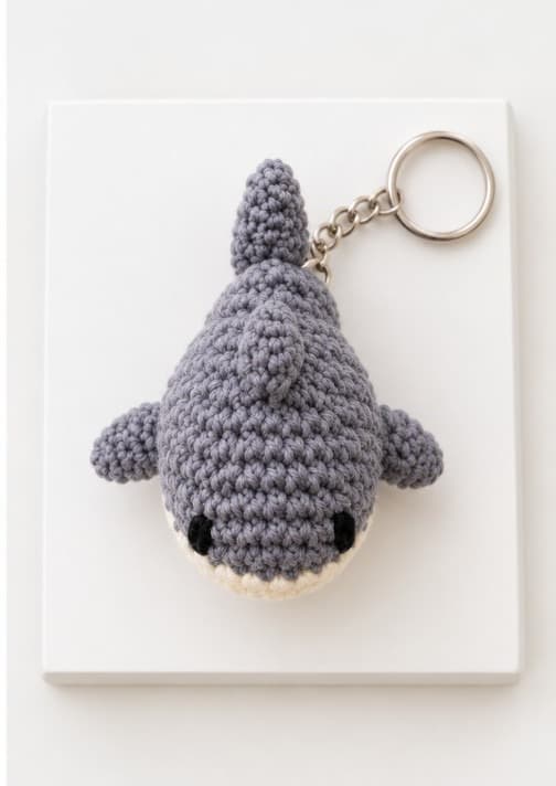 Handmade grey crochet shark keychain with a cream belly and silver key ring
