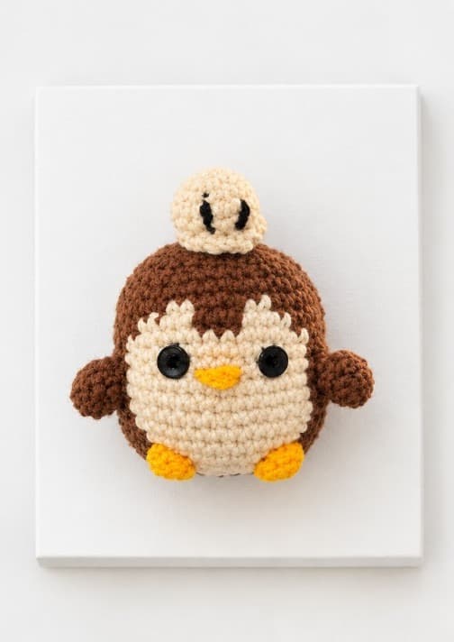 Handmade brown and cream crochet sparrow with a tiny chick sitting on its head