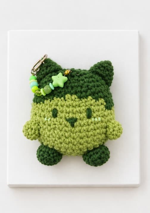 Handmade two-tone green crochet frog charm with a lime star bead chain and clasp
