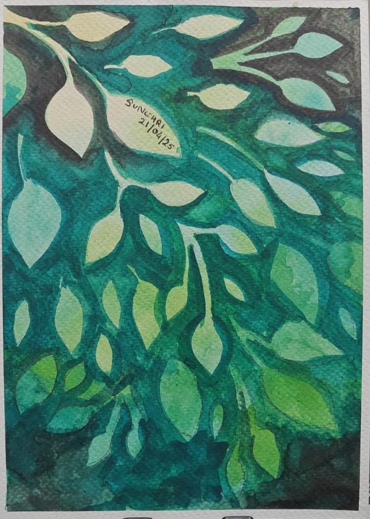 Abstract watercolour canopy of layered green leaves