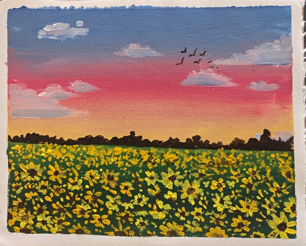 Landscape painting of a yellow flower field beneath a pink sunset sky