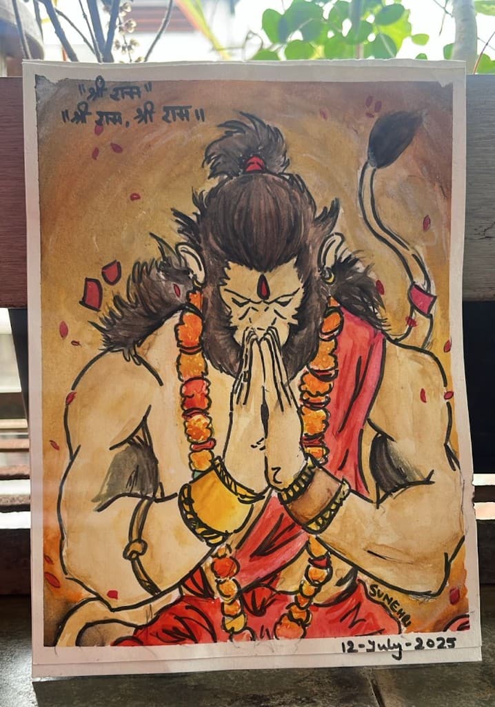 Sunehri's painting of Lord Hanuman with folded hands in prayer