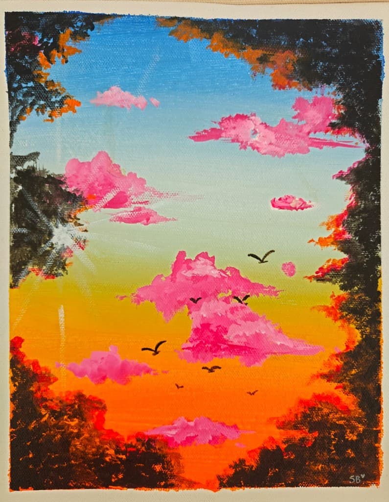 Vivid sunset painting with pink clouds, orange horizon, and flying birds