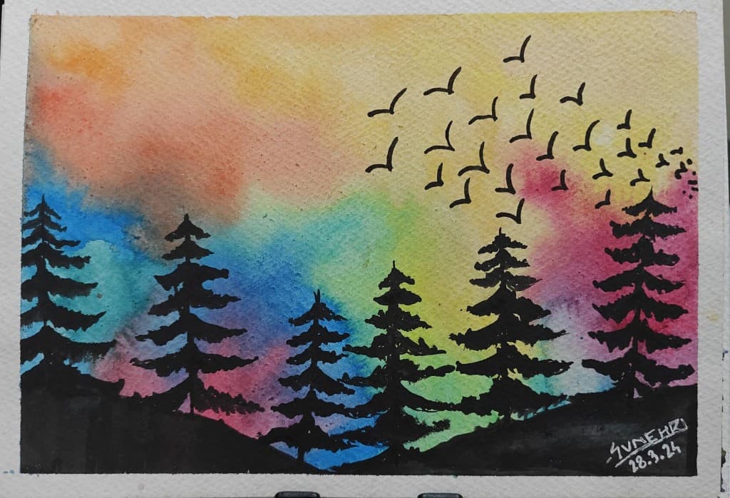 Black pine forest silhouettes against a rainbow sky