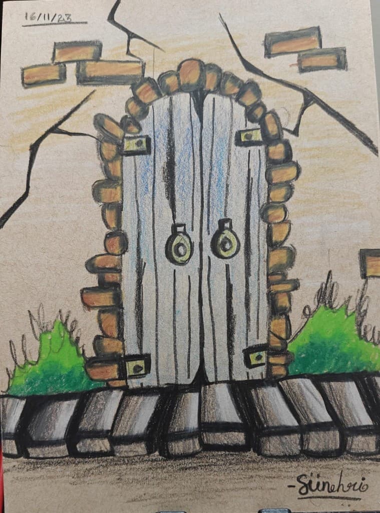 Illustration of an old wooden door in a stone garden wall