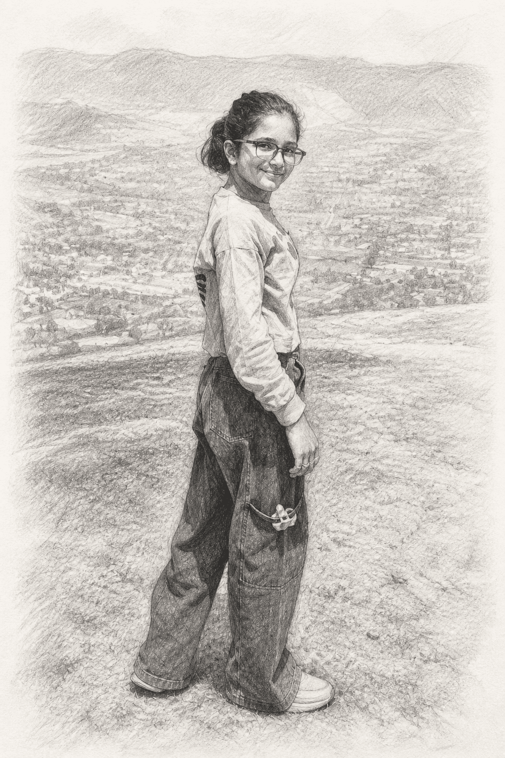 Black-and-white pencil-style portrait of Sunehri