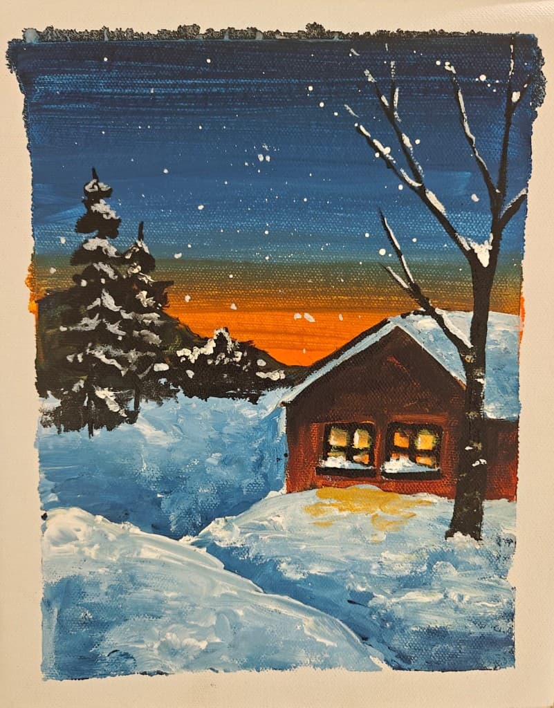 Snowy winter cabin with glowing windows beneath a dark blue sky