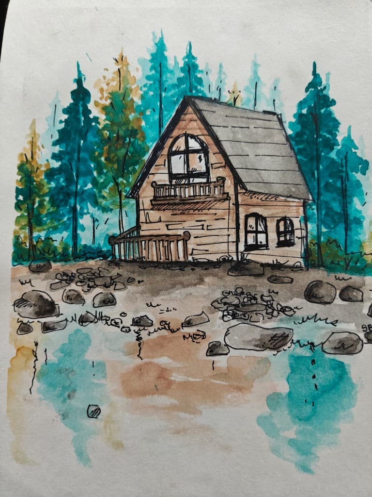 Watercolour cabin surrounded by turquoise woodland